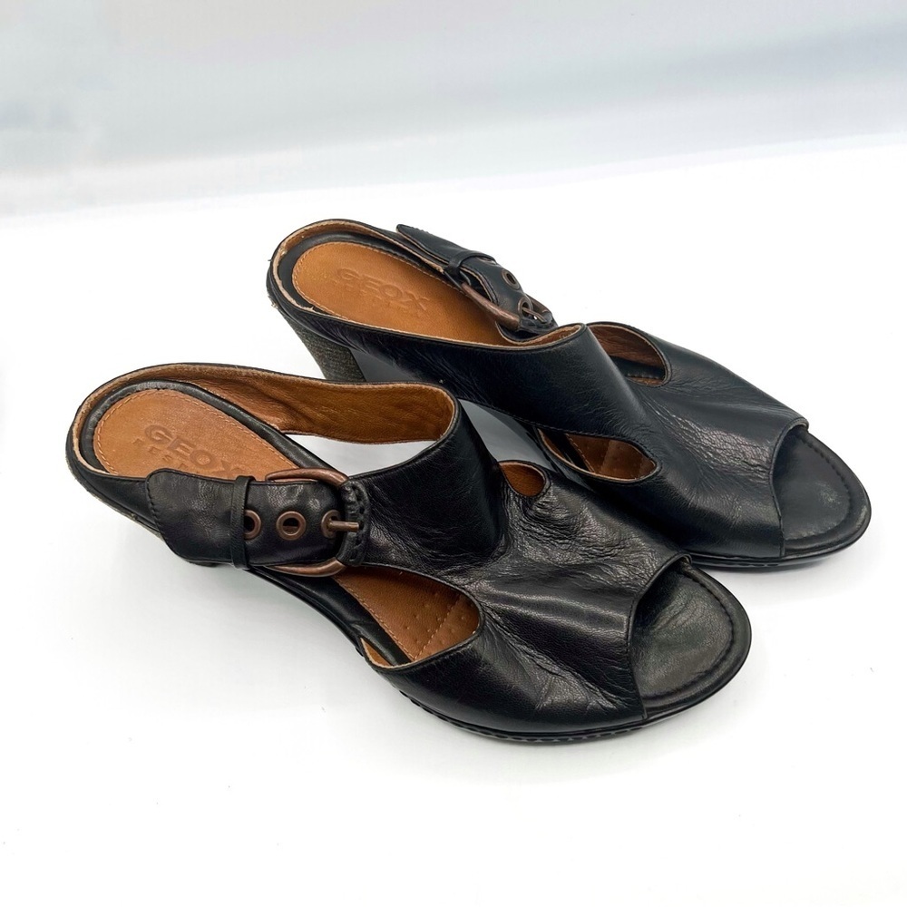 Geox Black Leather Open-Toe Wedge Sandals – Size 39 (US 8.5)